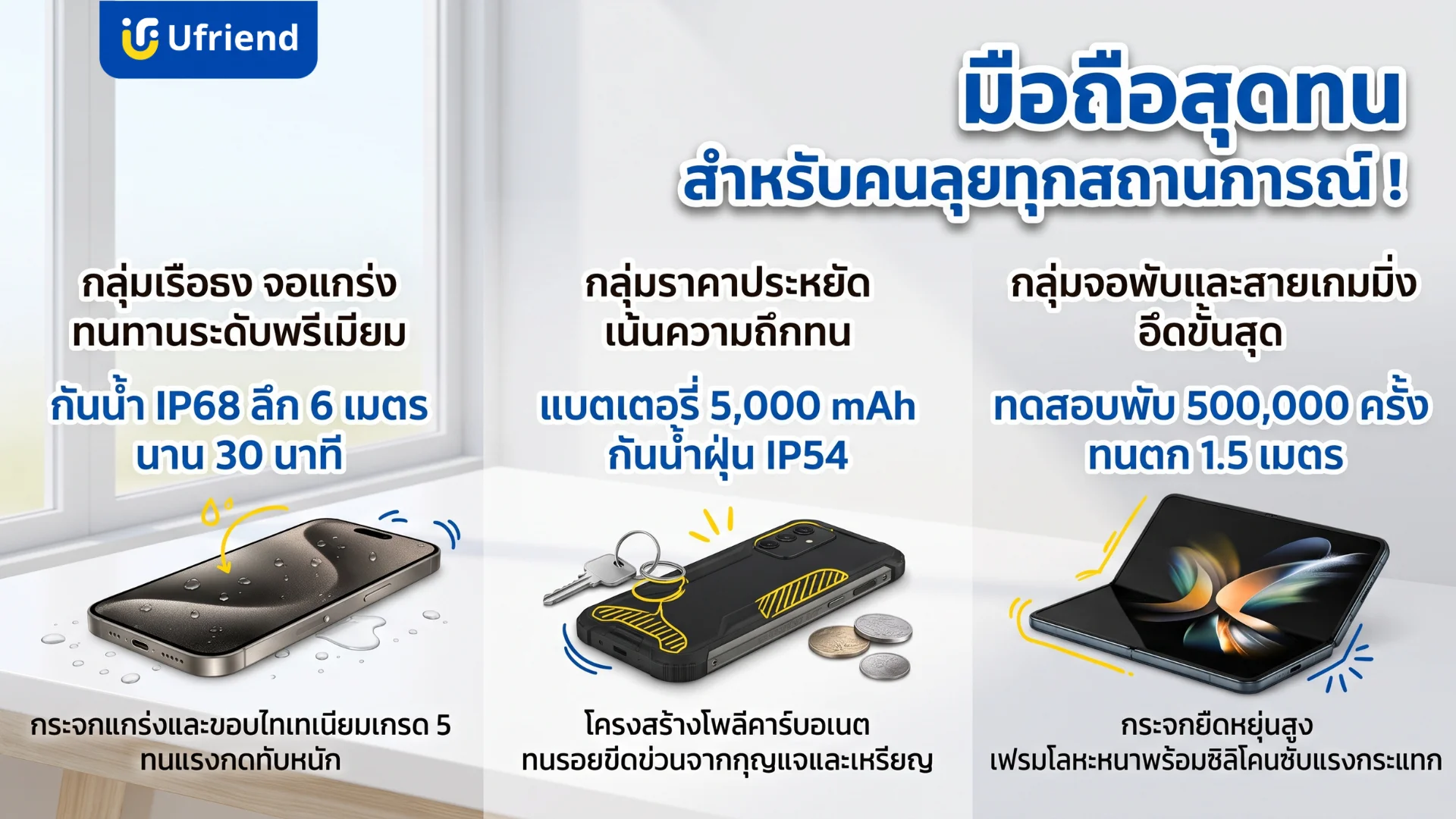 สมาร์ทโฟนที่มีความทนทานสูง แบ่งตามกลุ่มเรือธง กลุ่มราคาประหยัด และกลุ่มจอพับสำหรับสายเกมมิ่ง