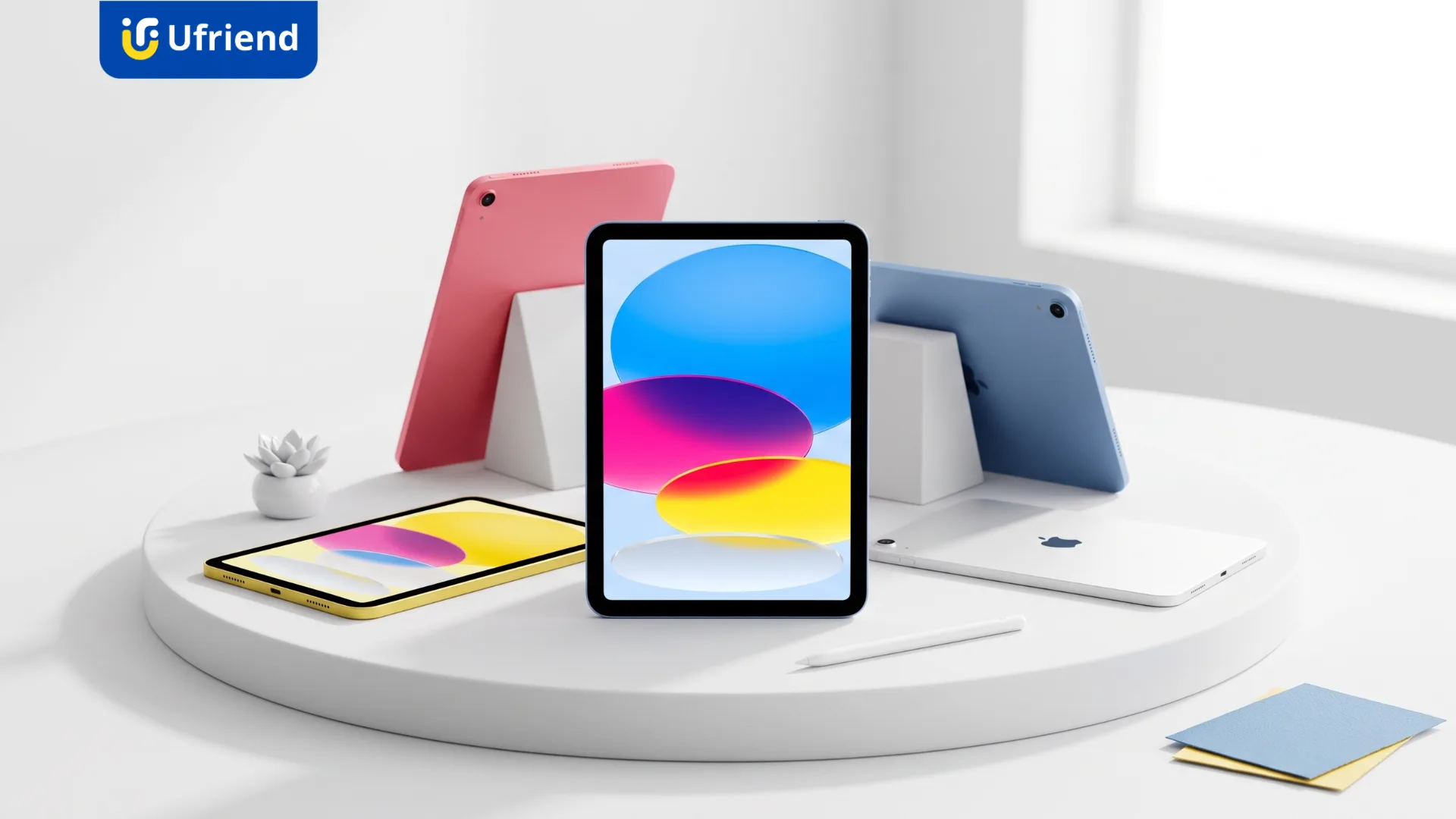 iPad รุ่นที่ 11 หลายสีวางบนแท่นพร้อม Apple Pencil