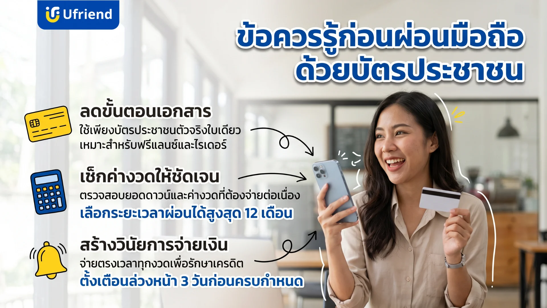 หญิงสาวถือสมาร์ทโฟนและบัตรประชาชนแนะนำข้อมูลการผ่อนมือถือ ต้องใช้อะไรบ้าง พร้อมรายละเอียดการเตรียมเอกสาร การเช็กยอดชำระ และการสร้างวินัยทางการเงิน