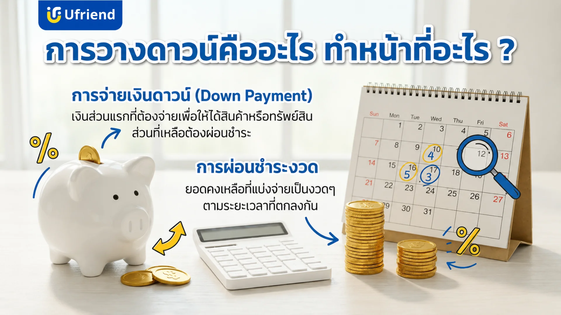 อธิบายว่าการวางดาวน์คืออะไรและการผ่อนชำระรายงวดประกอบด้วยกระปุกออมสินและปฏิทินทางการเงิน