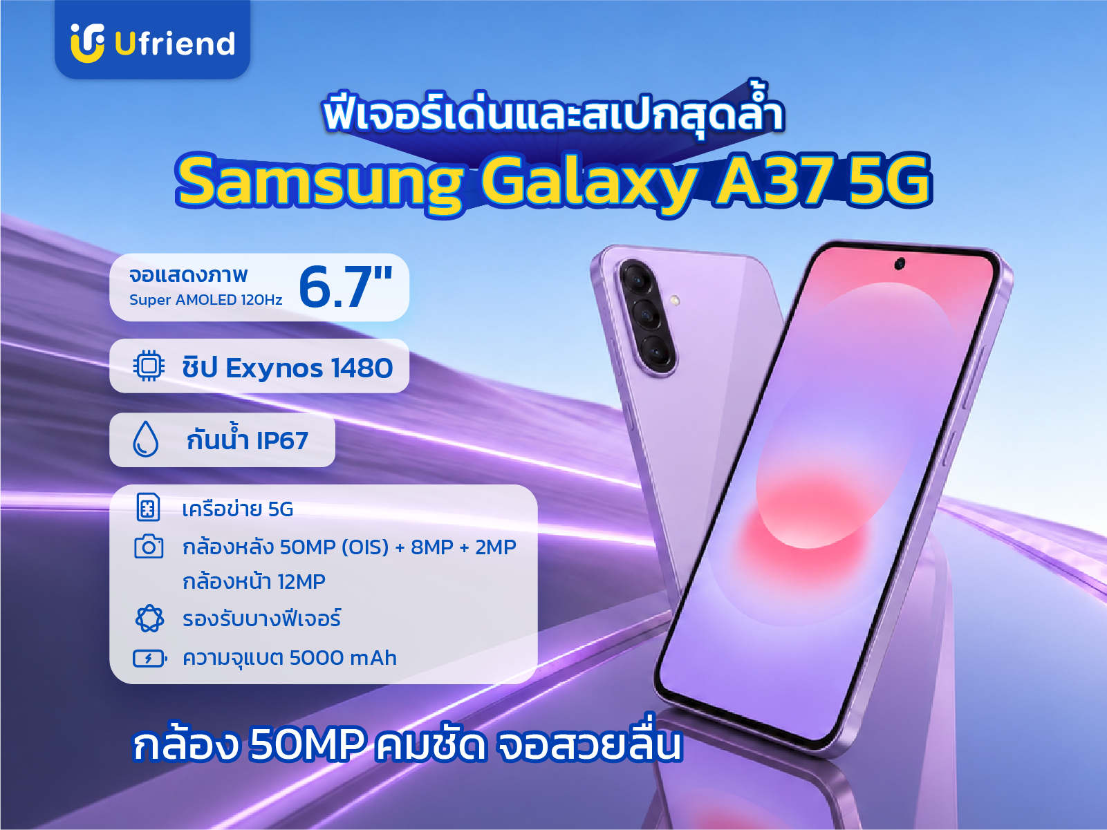 Feature และ Spec Samsung Galaxy A37 5G จอ Super AMOLED 6.7 นิ้ว 120Hz ชิป Exynos 1480 กล้องหลัง 50MP พร้อมระบบกันสั่น กันน้ำกันฝุ่น IP68 แบตเตอรี่ 5,000 mAh