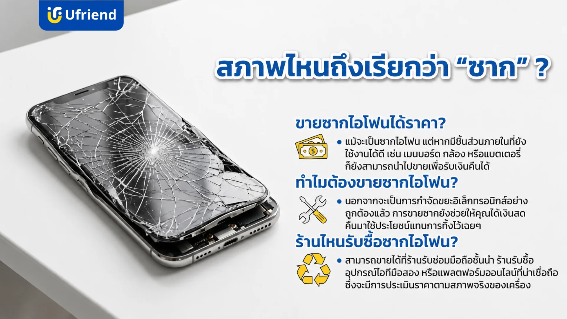 โทรศัพท์ไอโฟนหน้าจอแตกละเอียด แนะนำข้อมูลการขายซากไอโฟนเพื่อแลกเงินและกำจัดขยะอย่างถูกวิธี