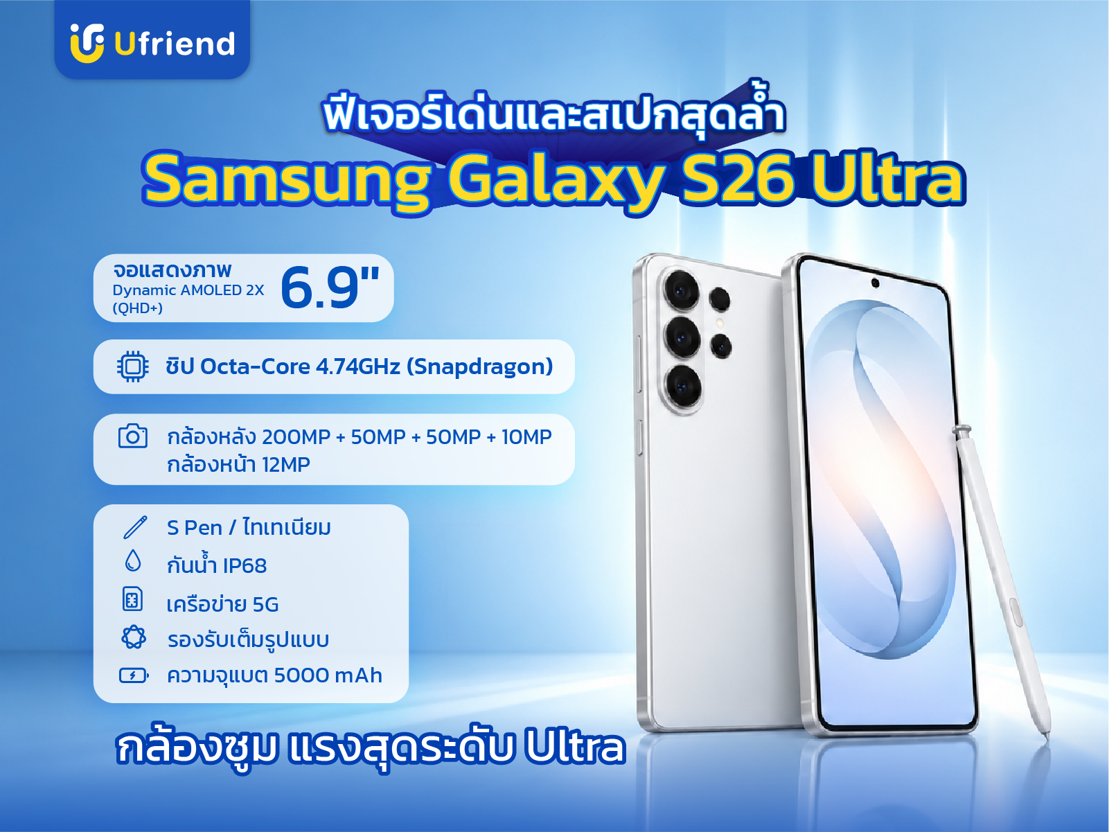 Feature และ Spec Samsung Galaxy S26 Ultra จอ Dynamic AMOLED 2X QHD+ ชิป Snapdragon 8 Elite Gen 5 กล้องหลัง 200MP พร้อมชุดซูม ปากกา S Pen ในตัว แบตเตอรี่ 5,000 mAh