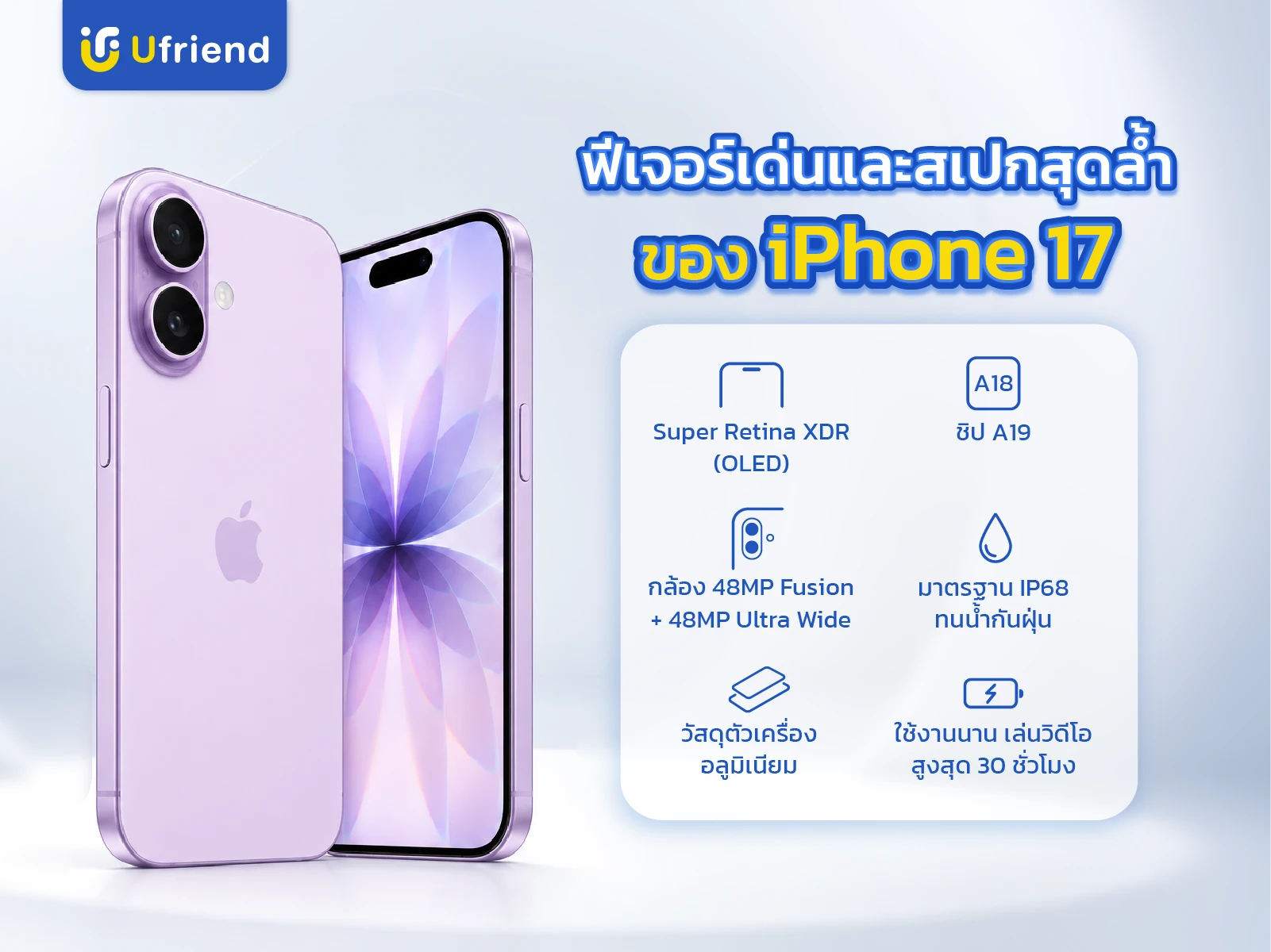 Feature และ Spec iPhone 17 หน้าจอ Dynamic Island กล้องหลัก 48MP ซูม 8 เท่า