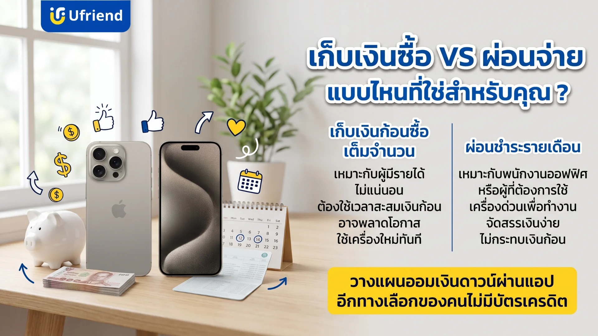 เปรียบเทียบระหว่างเก็บเงินซื้อไอโฟนจ่ายเงินก้อนเต็มจำนวนกับการผ่อนจ่ายรายเดือน