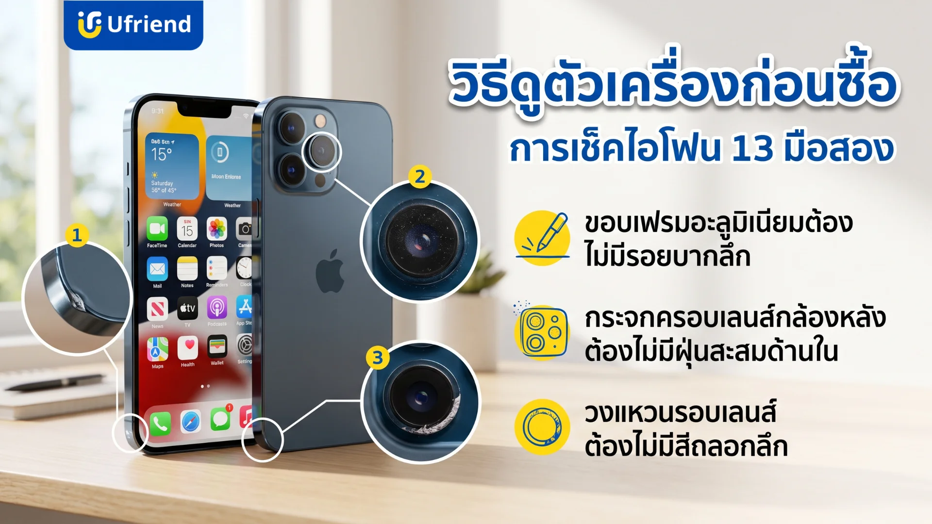 วิธีเช็คไอโฟนสิบสามมือสอง ตรวจสอบรอยขีดข่วนที่ขอบเครื่องและฝุ่นในเลนส์กล้องก่อนตัดสินใจซื้อ