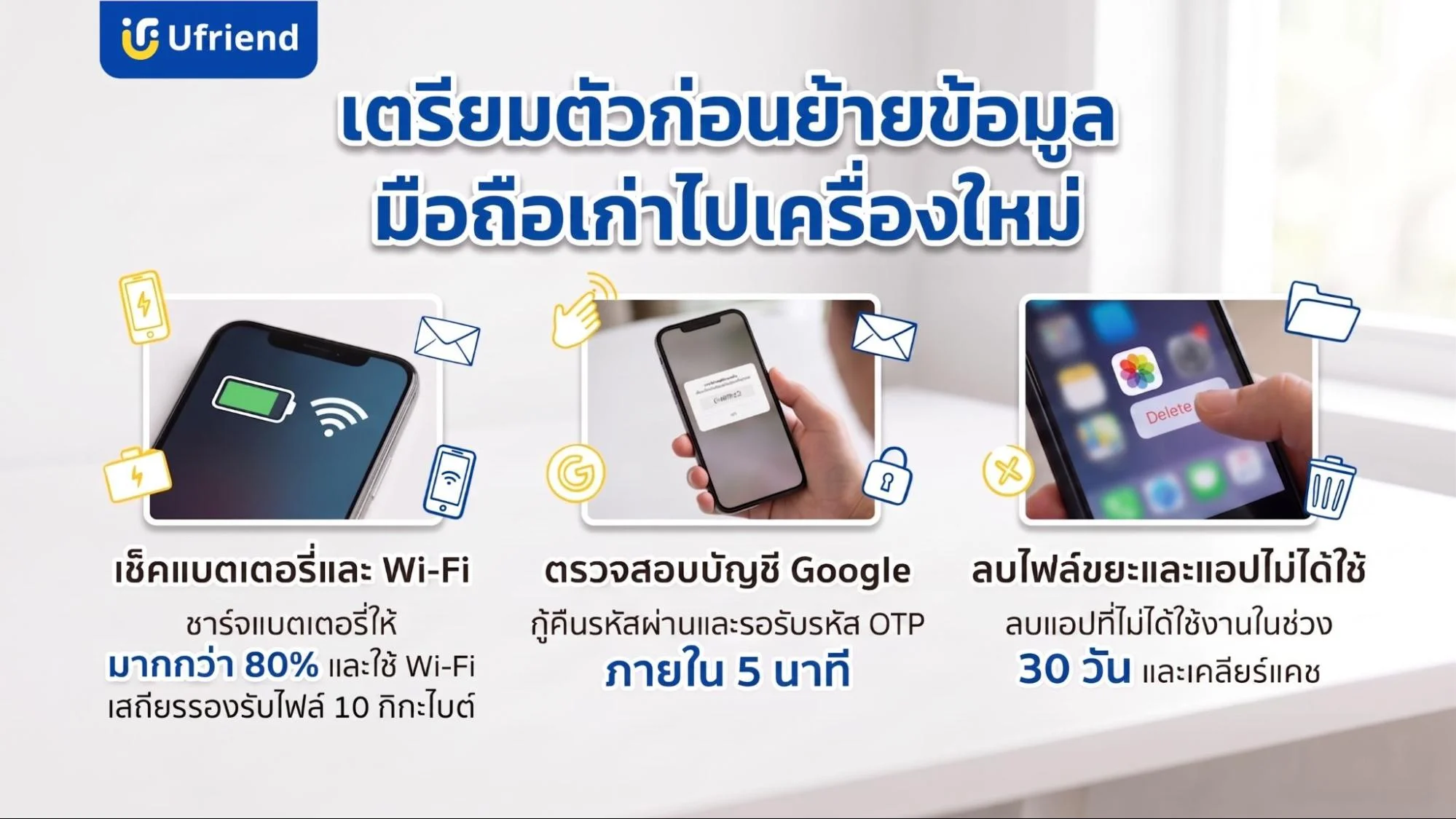 วิธีเตรียมตัวก่อนย้ายข้อมูลมือถือเครื่องเก่าไปเครื่องใหม่โดยตรวจสอบแบตเตอรี่ สัญญาณไวไฟ บัญชีกูเกิล และจัดการลบไฟล์ขยะกับแอปพลิเคชันที่ไม่ใช้งาน