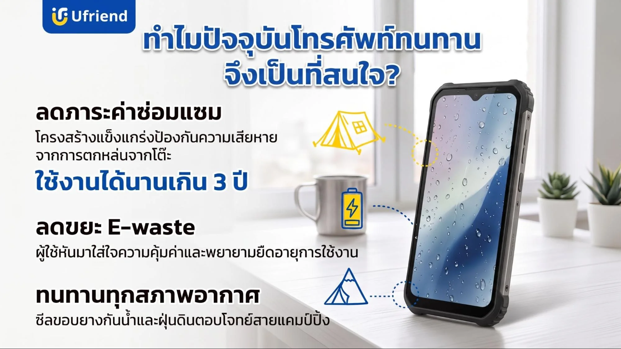 โทรศัพท์ทน ๆ ทนทานต่อแรงกระแทกและน้ำ เหมาะสำหรับใช้งานนานหลายปีและลดขยะอิเล็กทรอนิกส์