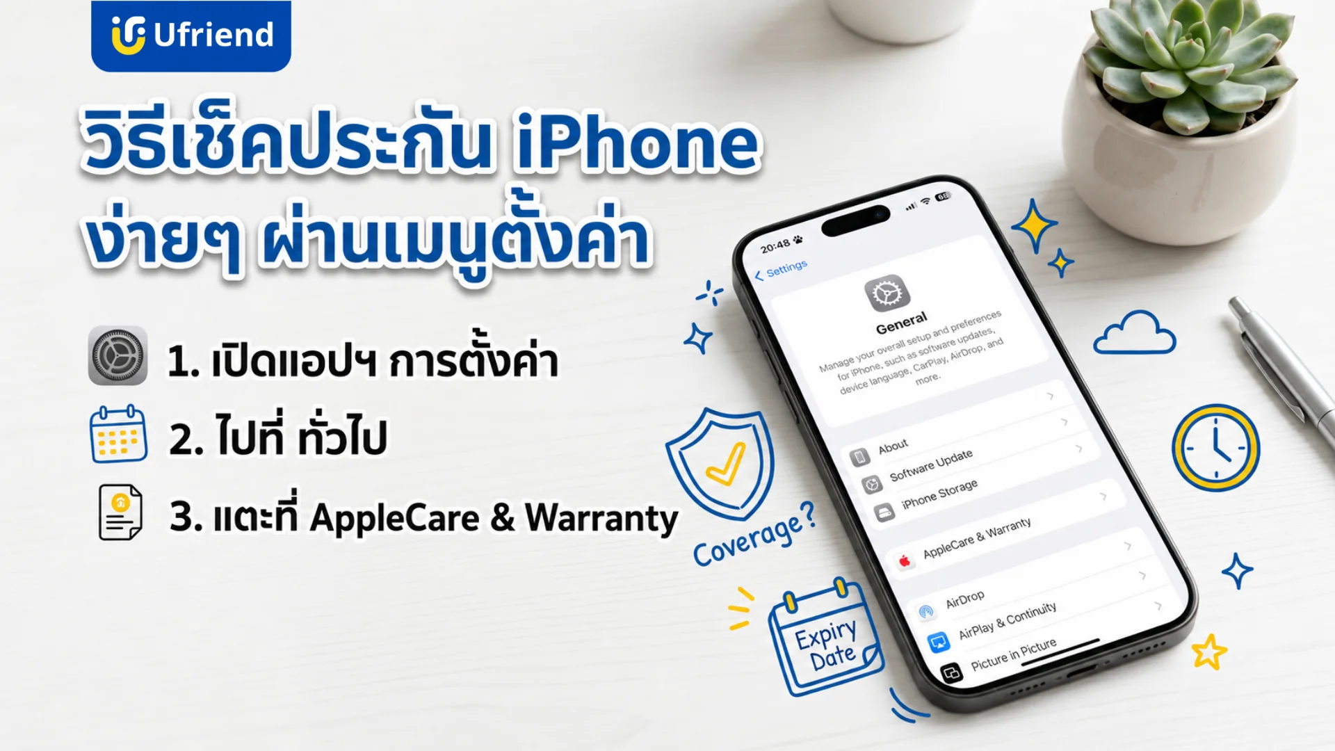 ขั้นตอนการตรวจสอบการรับประกันไอโฟนผ่านเมนูตั้งค่าทั่วไปและหัวข้อแอปเปิลแคร์และการรับประกัน