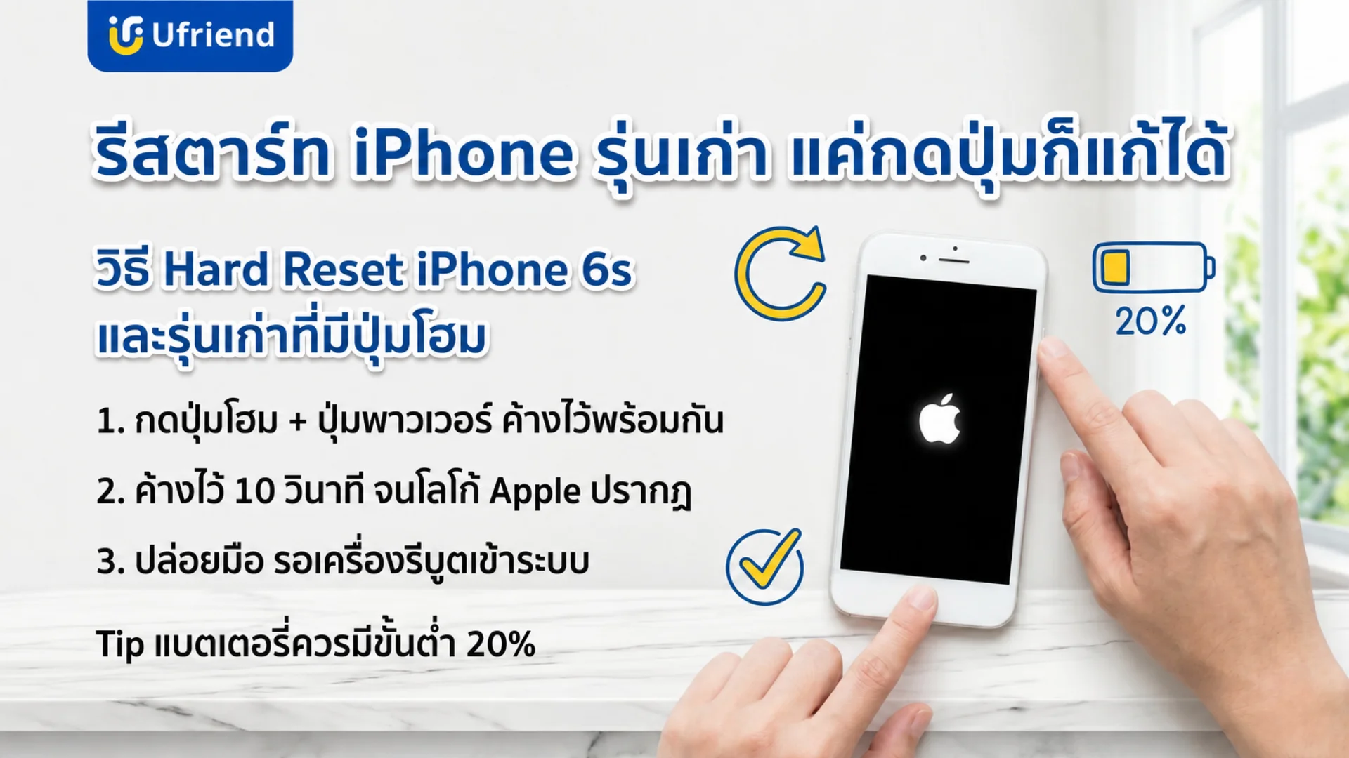 วิธีรีเซ็ตไอโฟนรุ่นเก่าที่มีปุ่มโฮมด้วยการกดปุ่มเปิดปิดเครื่องและปุ่มโฮมพร้อมกันจนขึ้นโลโก้แอปเปิล