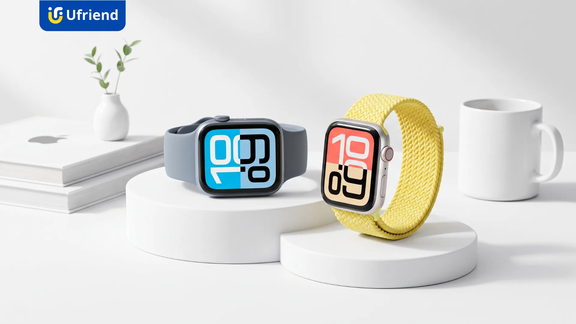 Apple Watch SE ตัวเรือนอะลูมิเนียมสองเรือนวางบนแท่น