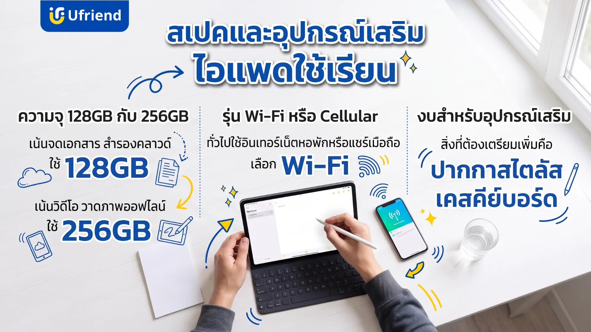 เลือกสเปกและอุปกรณ์เสริมไอแพดใช้เรียน ความจุ 128GB สำหรับจดเอกสารและสำรองคลาวด์ 256GB สำหรับวิดีโอและวาดภาพออฟไลน์ รุ่น Wi-Fi สำหรับคนส่วนใหญ่ และงบสำหรับปากกาสไตลัสกับเคสคีย์บอร์ด