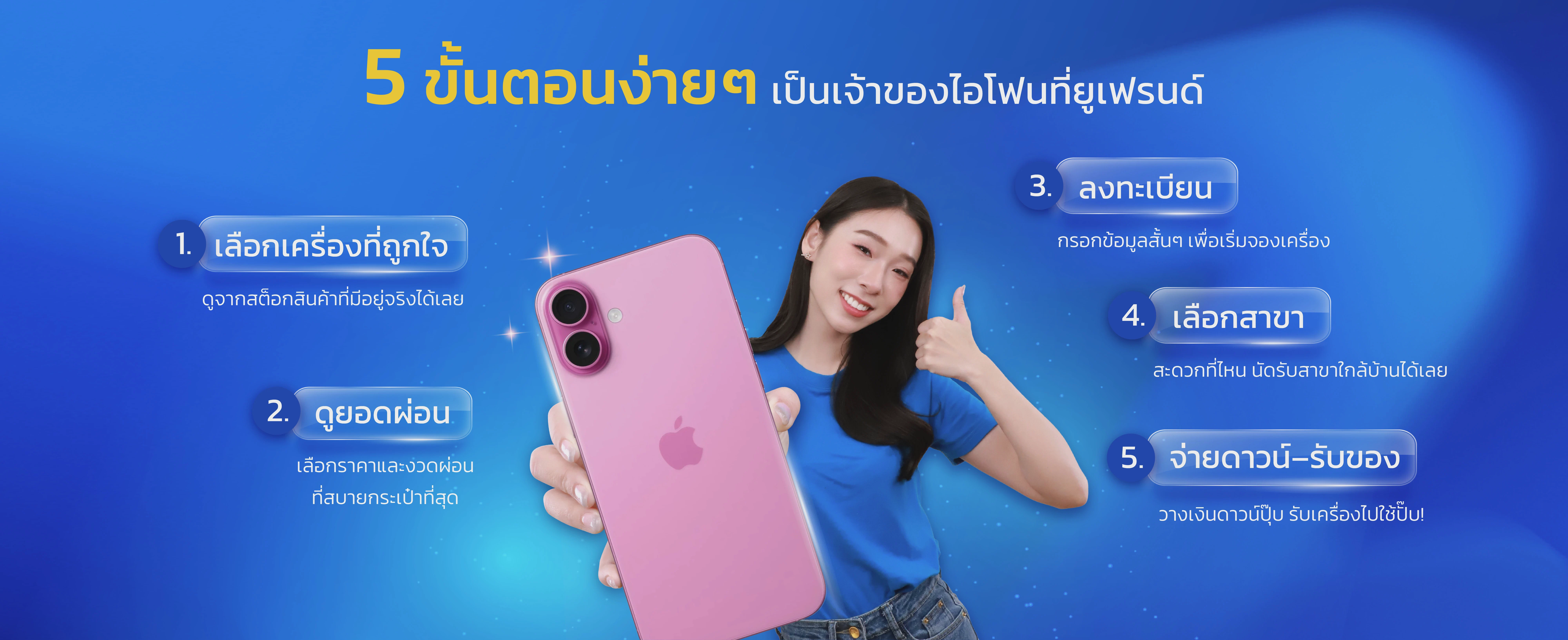 5 ขั้นตอนง่ายๆ เป็นเจ้าของไอโฟนที่ยูเฟรนด์ 1. เลือกเครื่องที่ถูกใจ ดูจากสต็อกสินค้าที่มีอยู่จริงได้เลย 2. ดูยอดผ่อน เลือกราคาและงวดผ่อน ที่สบายกระเป๋าที่สุด 3. ลงทะเบียน กรอกข้อมูลสั้นๆ เพื่อเริ่มจองเครื่อง 4. เลือกสาขา สะดวกที่ไหน นัดรับสาขาใกล้บ้านได้เลย 5. จ่ายดาวน์–รับของ วางเงินดาวน์ปุ๊บ รับเครื่องไปใช้ปั๊บ!