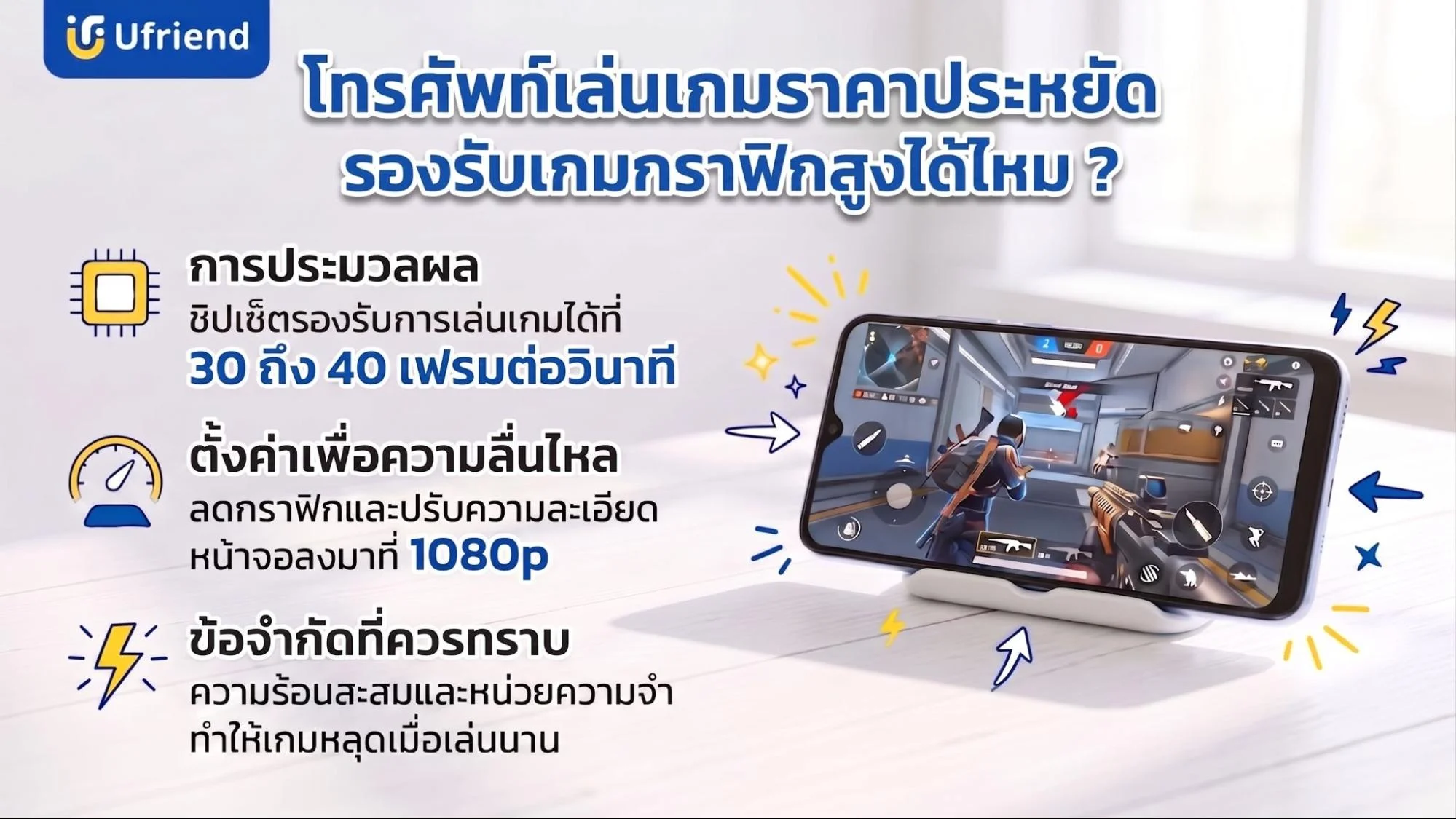 โทรศัพท์ที่เล่นเกมดีที่สุดรุ่นราคาประหยัดแสดงหน้าจอขณะเล่นเกมแนวเดินยิงพร้อมข้อมูลคุณสมบัติและการตั้งค่ากราฟิก