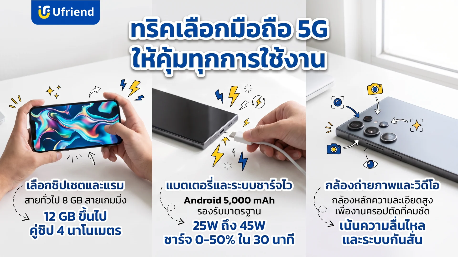 คำแนะนำการเลือกซื้อสมาร์ทโฟนว่าควรเลือกรุ่นไหนดี โดยเน้นการพิจารณาหน่วยความจำ ประสิทธิภาพของแบตเตอรี่ และระบบกล้องถ่ายรูปที่คมชัด