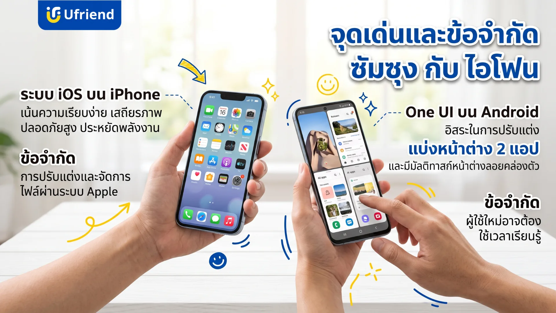 จุดเด่นและข้อจำกัดของ iOS บน iPhone ที่เน้นความเรียบง่าย เสถียร และปลอดภัย กับ One UI บน Android ที่ปรับแต่งได้อิสระ แบ่งหน้าต่าง 2 แอป และมีมัลติทาสก์หน้าต่างลอย