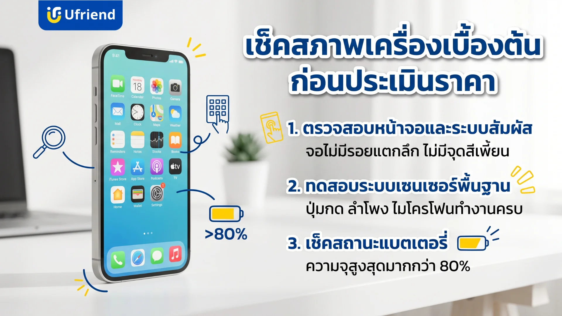 ขั้นตอนการเช็คสภาพไอโฟนก่อนนำไปประเมินราคาเพื่อแลกเงิน ตรวจสอบหน้าจอ ระบบสัมผัส เซนเซอร์ และสถานะความจุแบตเตอรี่