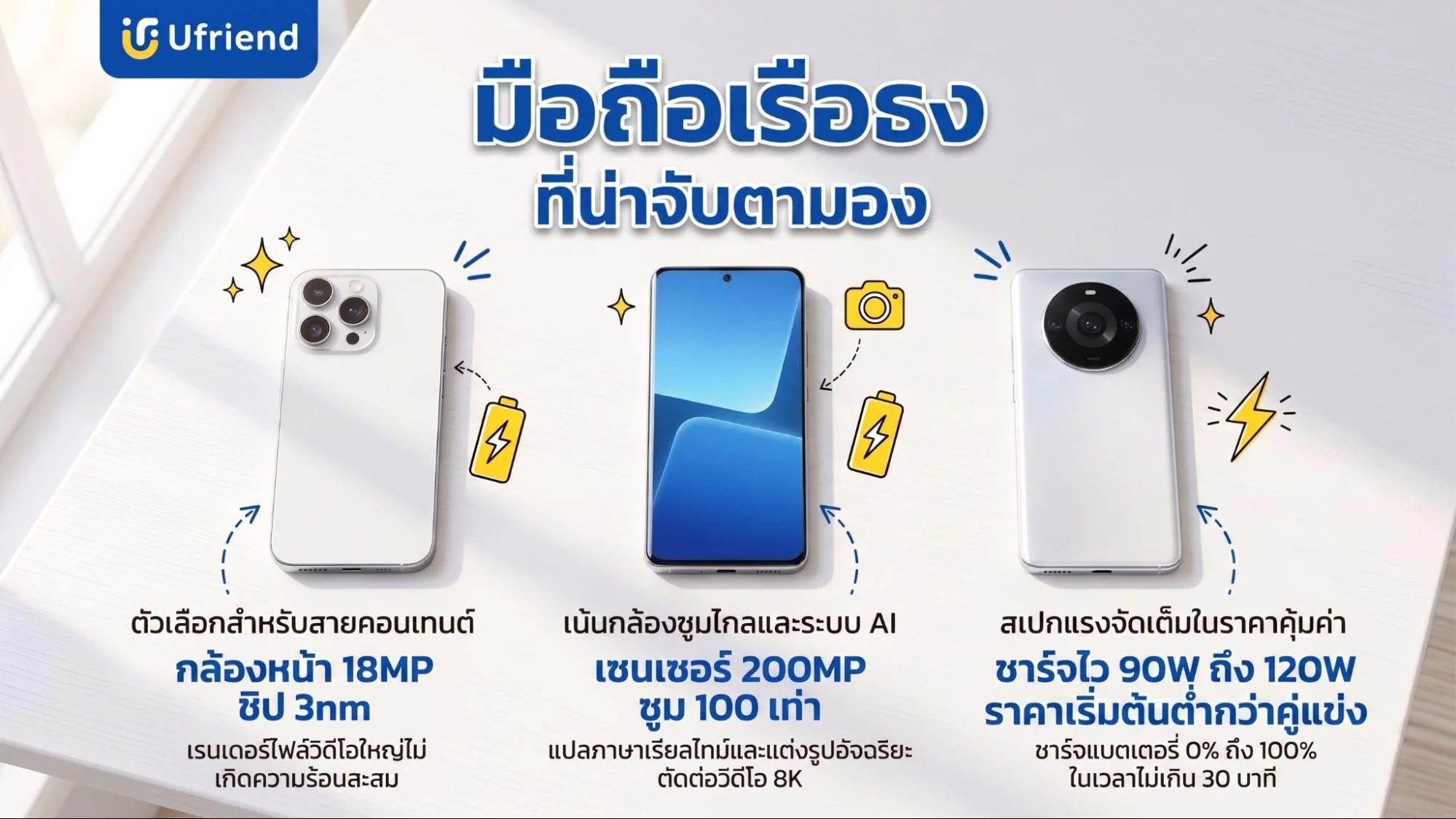 มือถือเรือธงรุ่นต่างๆ ที่โดดเด่นในเรื่องกล้องถ่ายรูปและเทคโนโลยีการชาร์จแบตเตอรี่ความเร็วสูง