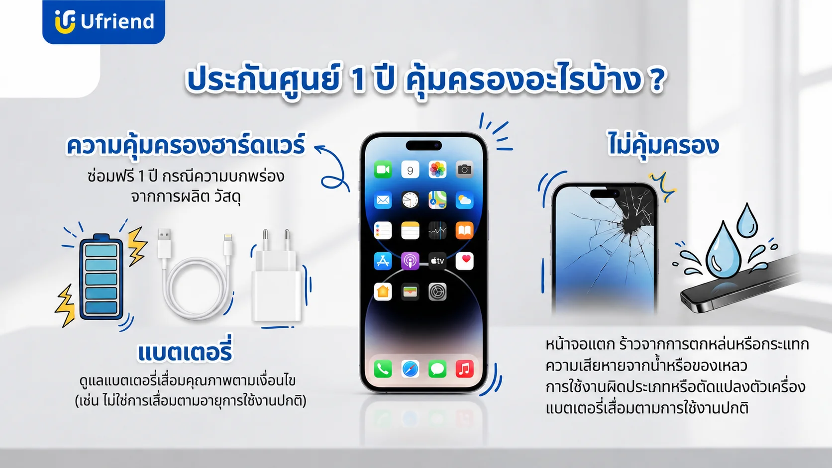 รายละเอียดการเช็คประกันไอโฟนที่ครอบคลุมฮาร์ดแวร์และแบตเตอรี่ ยกเว้นกรณีหน้าจอแตกและความเสียหายจากของเหลว