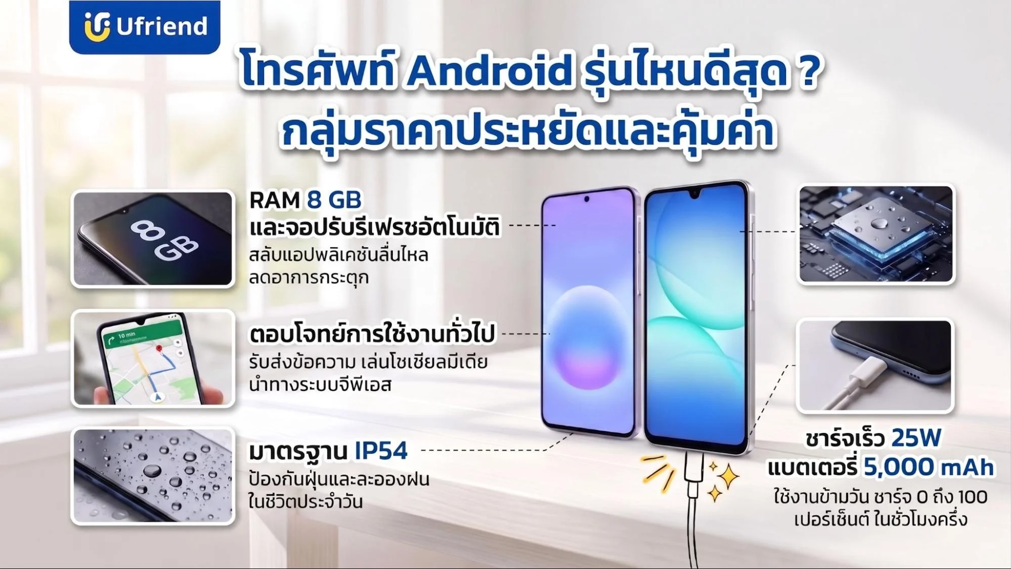 แนะนำโทรศัพท์แอนดรอยด์รุ่นคุ้มค่าที่มาพร้อมคุณสมบัติเด่นอย่างแรมเยอะ แบตเตอรี่ทนทาน และระบบกันละอองน้ำ