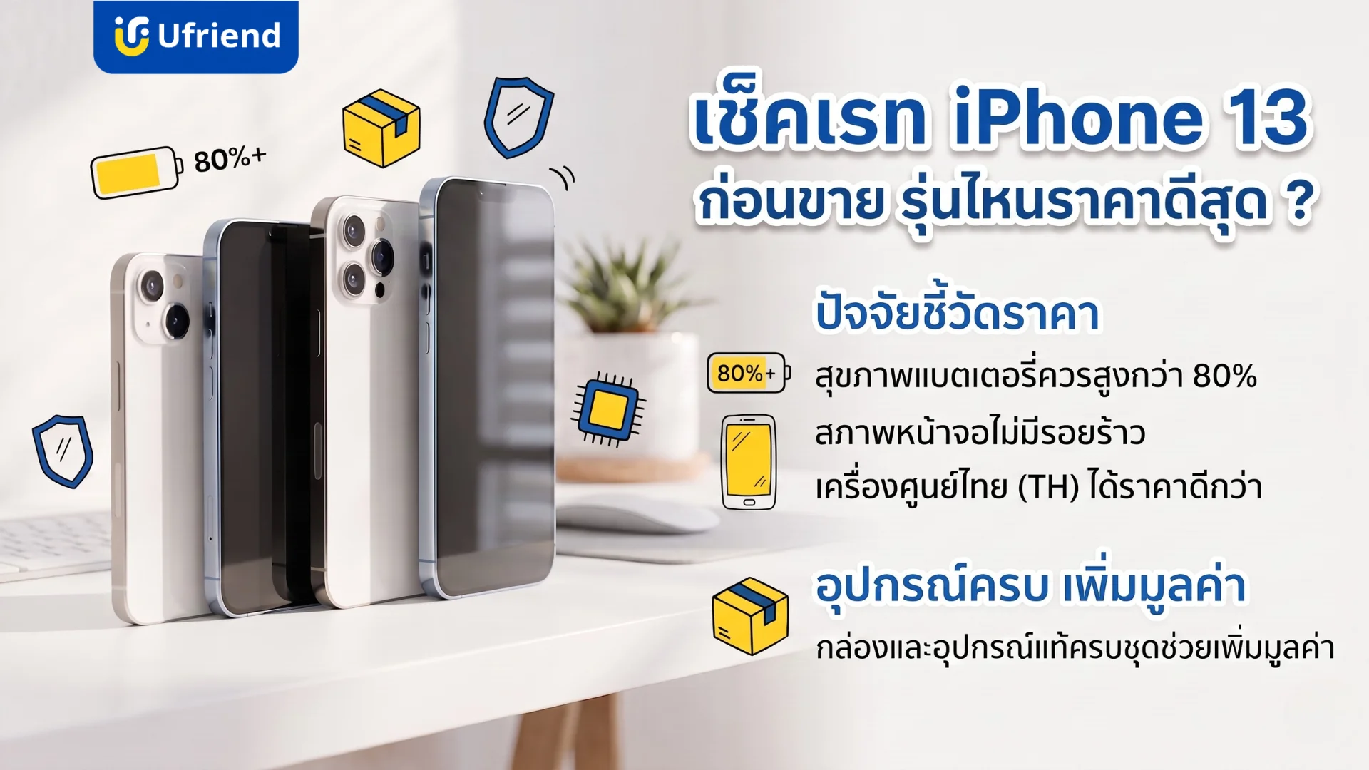 วิธีประเมินราคาไอโฟนก่อนขายและปัจจัยที่ช่วยให้ได้ราคาดี เช่น สภาพตัวเครื่อง สุขภาพแบตเตอรี่ และอุปกรณ์เสริม